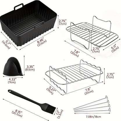 11pcs Air Fryer Accessories Kit - Perfect for Ninja Dual&Tower Air Fryer, Includes 2 Reusable Liners, 2 Racks, 4 Skewers, Silicone Gloves & Brush!