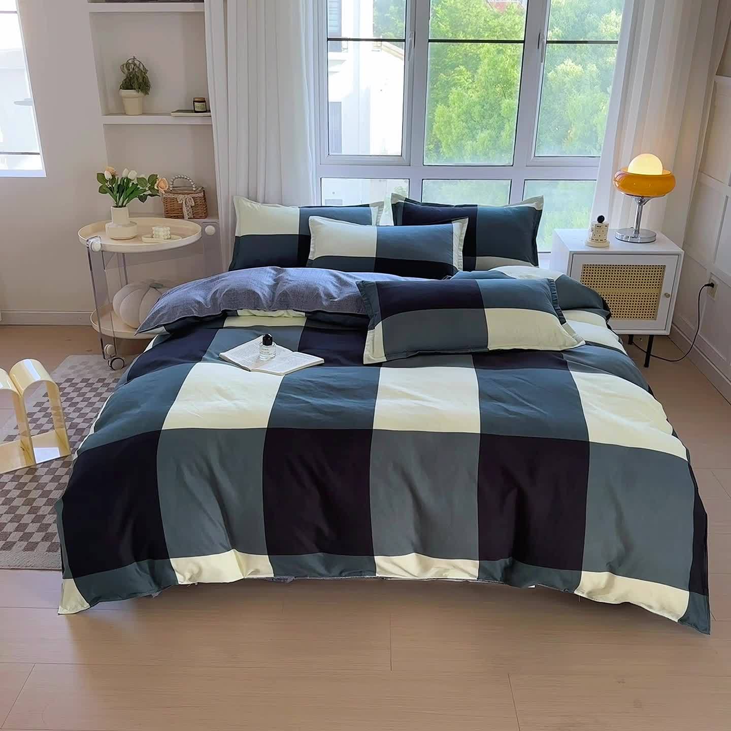 Conjunto de cama de 4 peças macio e respirável - Estampado xadrez espacial criativo, lavável à máquina - inclui lençol, edredão e 2 fronhas para todas as estações - ideal para dormitórios de estudantes, quartos e quartos de hóspedes.