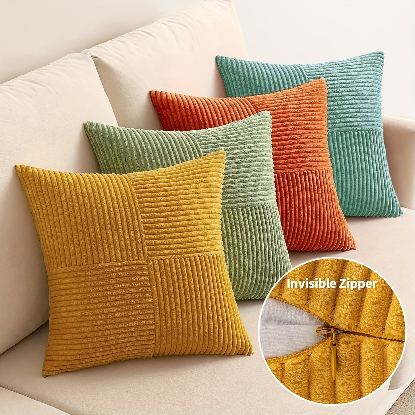 4pcs Bohemian Style Patchwork Textured Gradient Throw Pillow Covers, 30.48cm*50.8cm, 45.72cm*45.72cm, Soft Corduroy Decor Cushion Covers in Green, Orange, Teal, Yellow, Zip Closure, Hand Wash Only, Polyester Fiber, Farmhouse