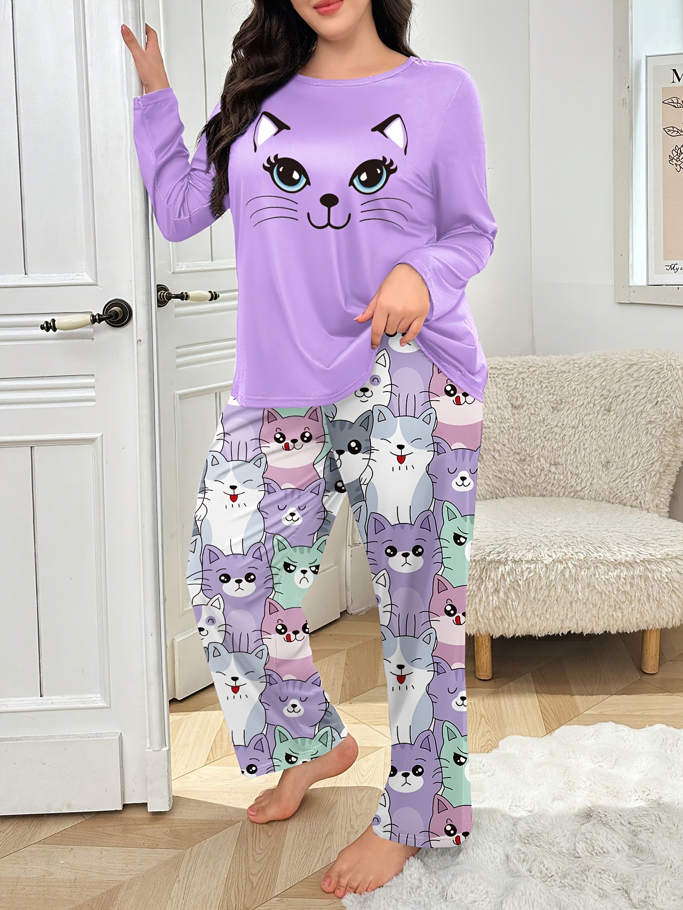 Plus Size - Plus Size Women'S Cozy Long Sleeve Pajama Set with Adorable Print - Soft Purple &, All-Season Comfort, Casual Home Wear, Perfect for Fall & Winter