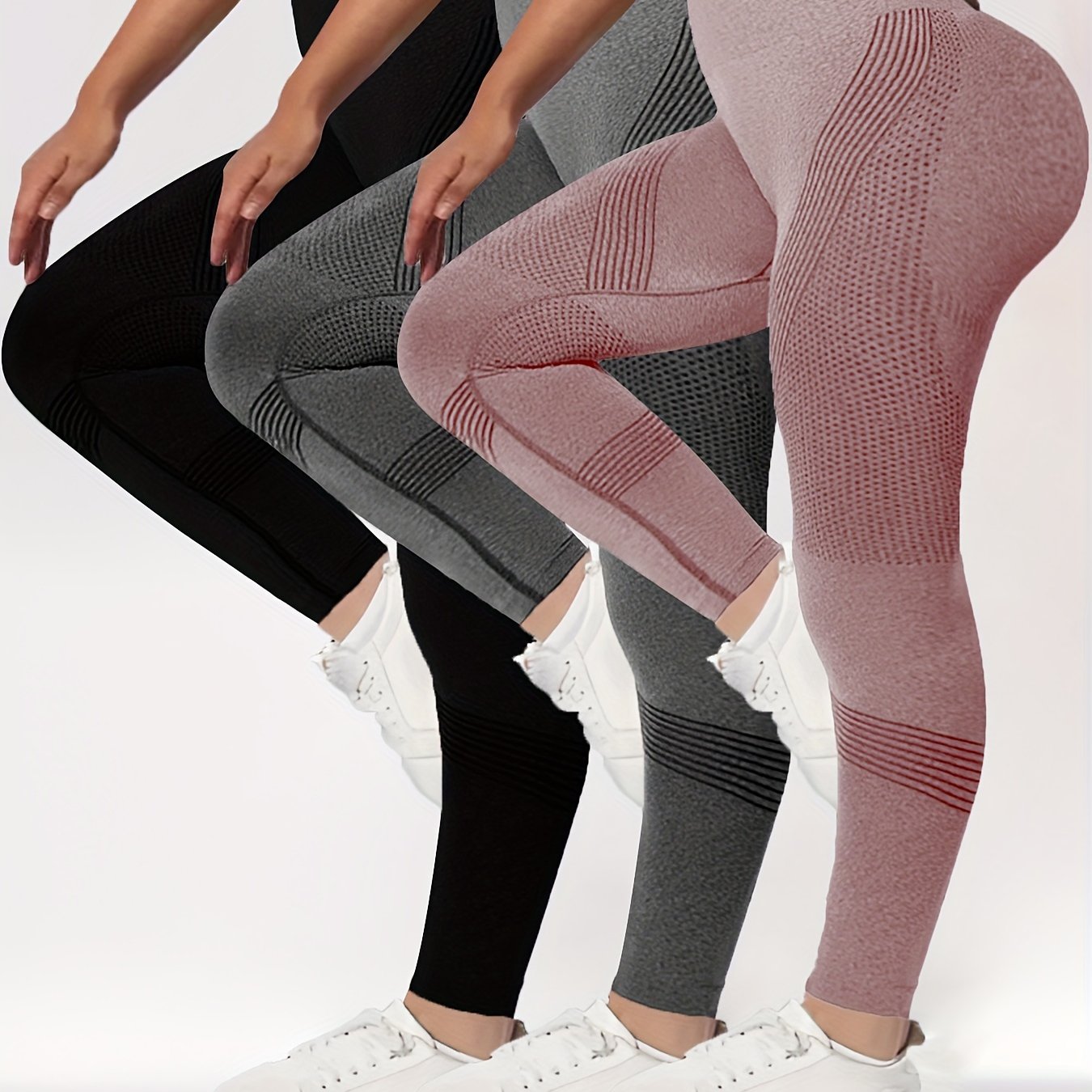 3 Packs Plus Size Simple Skinny Leggings, Casual High Waist Stretchy Leggings For Spring &amp; Summer, Women's Plus Size Clothing
