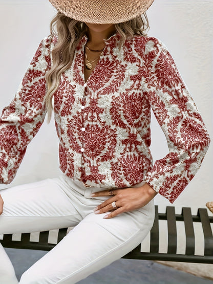 Allover Print Button Front Blouse, Casual Long Sleeve Blouse For Spring & Fall, Women's Clothing