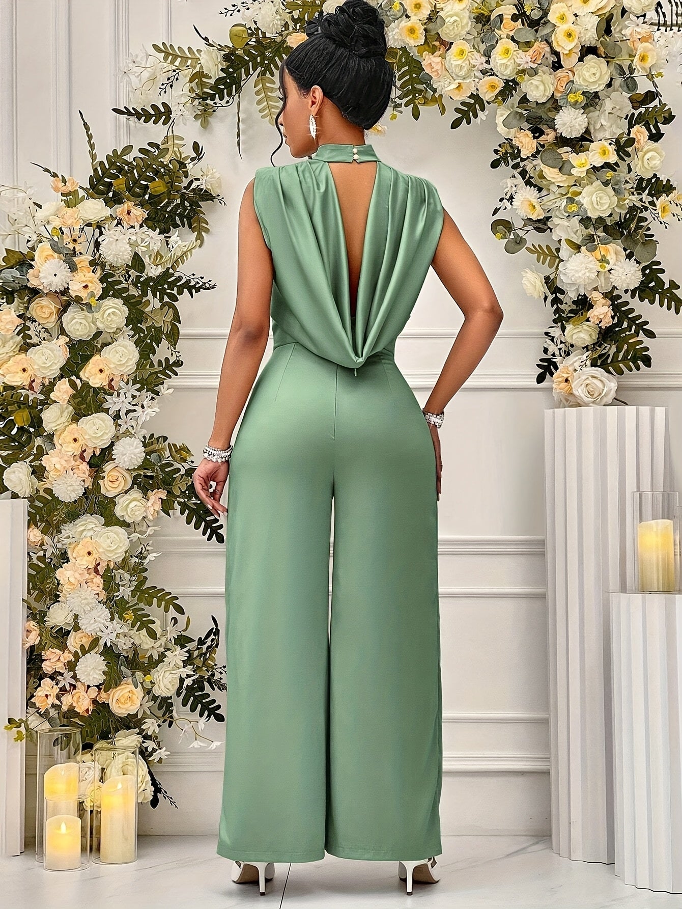 Women's Elegant High-Waisted Sleeveless Wide-Leg Jumpsuit - Beige Stand Collar Non-Stretch Machine Washable All-Season Versatile Outfit for Casual & Formal Events (NS702), Event Clothing | Sophisticated Style | Sophisticated