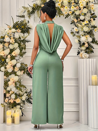 Women's Elegant High-Waisted Sleeveless Wide-Leg Jumpsuit - Beige Stand Collar Non-Stretch Machine Washable All-Season Versatile Outfit for Casual & Formal Events (NS702), Event Clothing | Sophisticated Style | Sophisticated