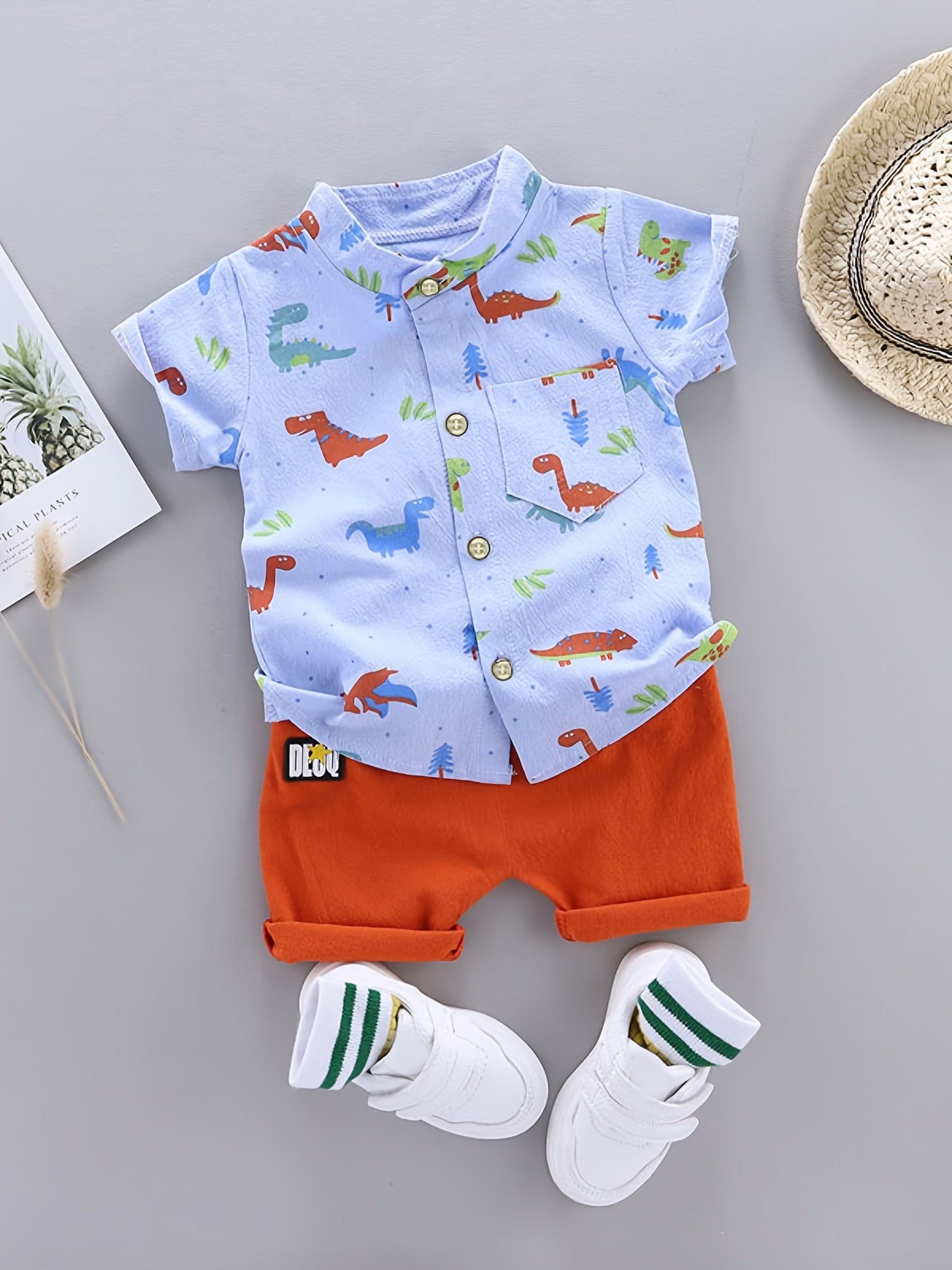 2pcs Baby Boys Dinosaur Print Button Short Sleeve Shirt Top &amp; Elastic Waist Shorts Set Toddler Summer Clothes For Daily &amp; Outdoor Wear