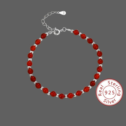 925 Pure Silvery Material Versatile Round Bead Red Agate Bracelet, Temperament Jewelry, Light Luxury Style, Gemstone Bead Bracelet, Women's Trendy Accessory, Gift Box Included