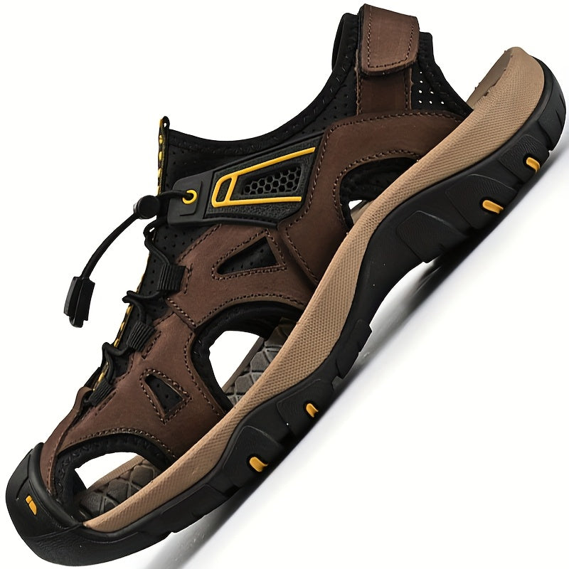 Men's Casual Fisherman Sandals - Adjustable Hook & Loop Closure, Breathable Synthetic Upper, Non-Slip Rubber Sole, Black/Brown/Grey Striped Design for Hiking, Beach & Casual Attire