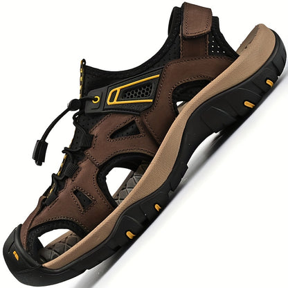 Men's Casual Fisherman Sandals - Adjustable Hook & Loop Closure, Breathable Synthetic Upper, Non-Slip Rubber Sole, Black/Brown/Grey Striped Design for Hiking, Beach & Casual Attire