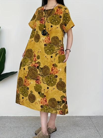 1pc Elegant Linen Tunic Dress for Women, 100% Linen Woven Crew Neck with Pocket Detail, Floral Print, Suitable for Spring/Summer/Fall