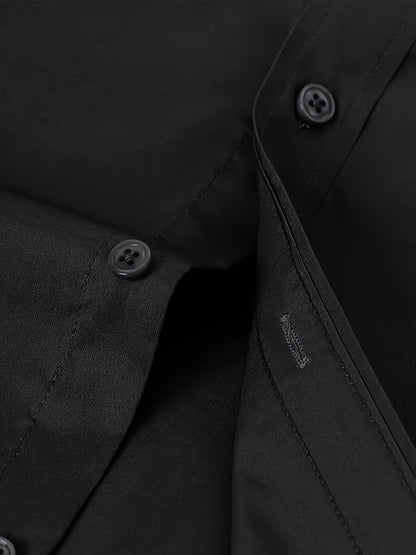 Camisola de homem de manga comprida com corte slim - 55% algodão, 40% poliéster, 5% elastano, cor lisa, para todas as estações, tecido plano, fecho com botões, gola de lapela, ideal para o fim de semana, 125 g/m²