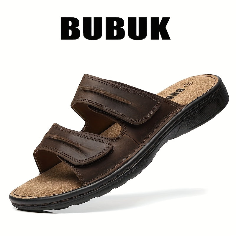 BUBUK Men's Genuine Leather Slip-On Slippers Sandals - Full-Grain Cowhide Upper, Adjustable Strap & Buckle, Black Heavy-Sole (PU/Fabric) for Beach, Casual, Outdoor - Comfortable All-Terrain Walking Shoes - Durable Leather Foo