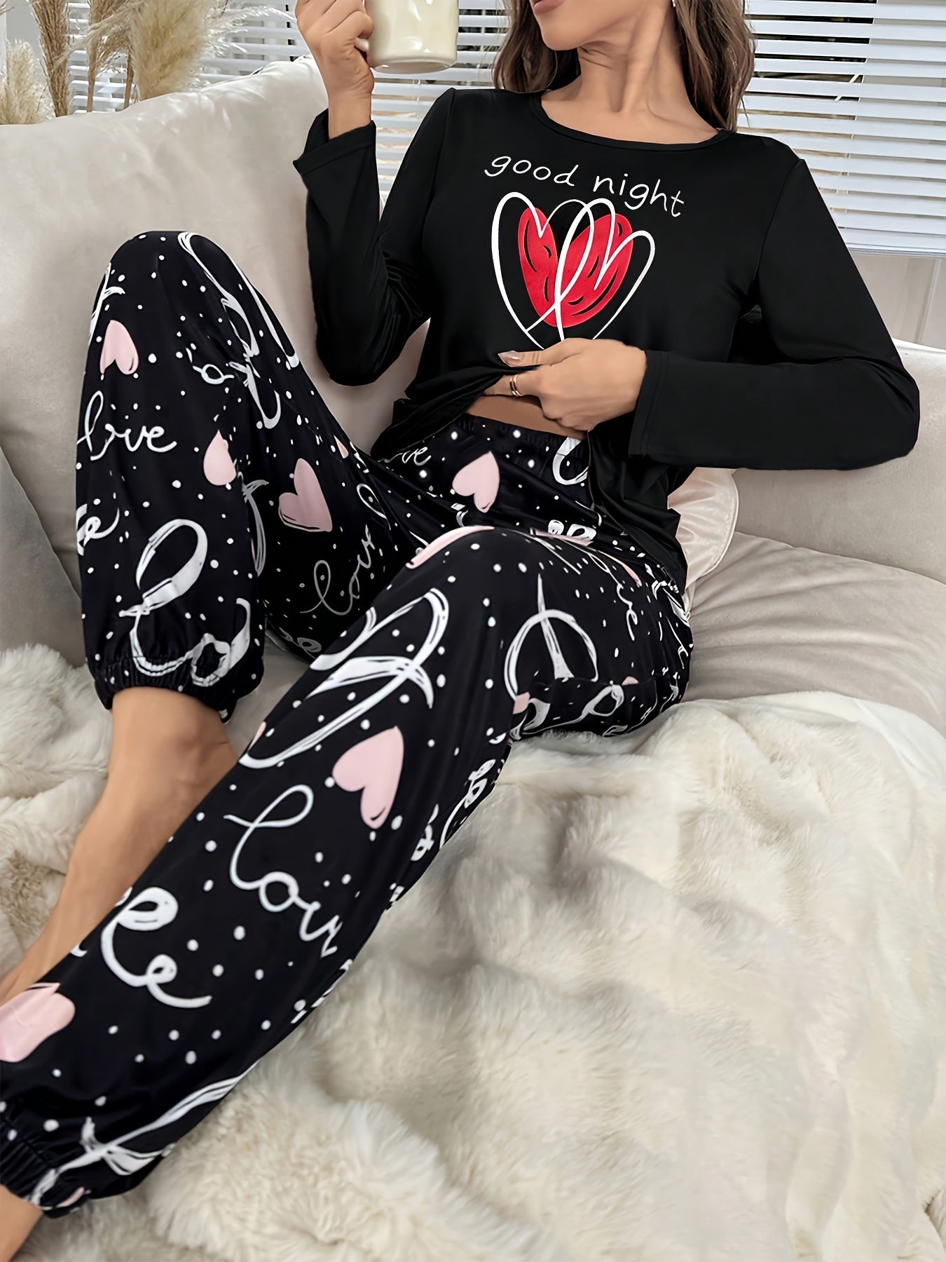 Autumn and Winter Women's Pajama Set with Long Sleeves, Pants, Cute Cartoon Heart Letter Print, Casual Loungewear for All Seasons
