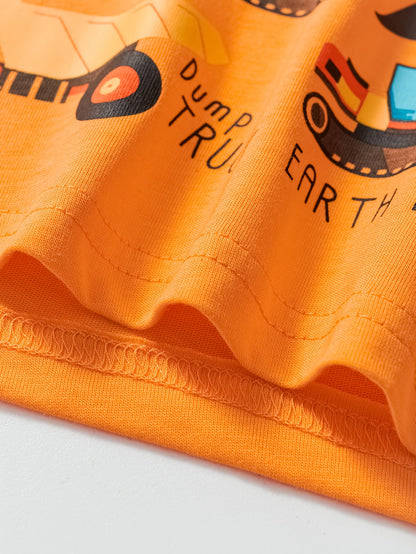 Boys' Cotton Short Sleeve T-Shirt with Cartoon Excavator Print, Breathable Summer Trend