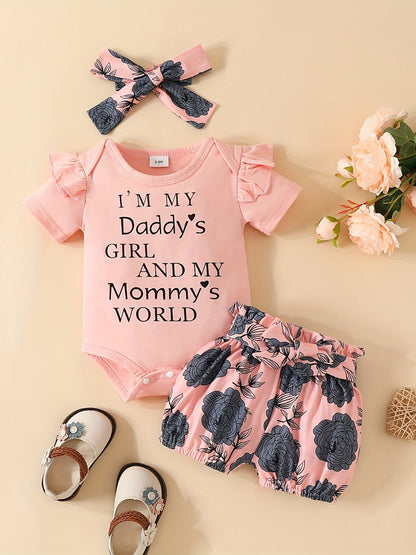 3pcs Short Sleeve &amp; Shorts Set for Newborns - "I'm Daddy's Girl" Letter Print Pants and Headband, Mommy's World Alphabet Kids' Outfit, Perfect for Outdoor