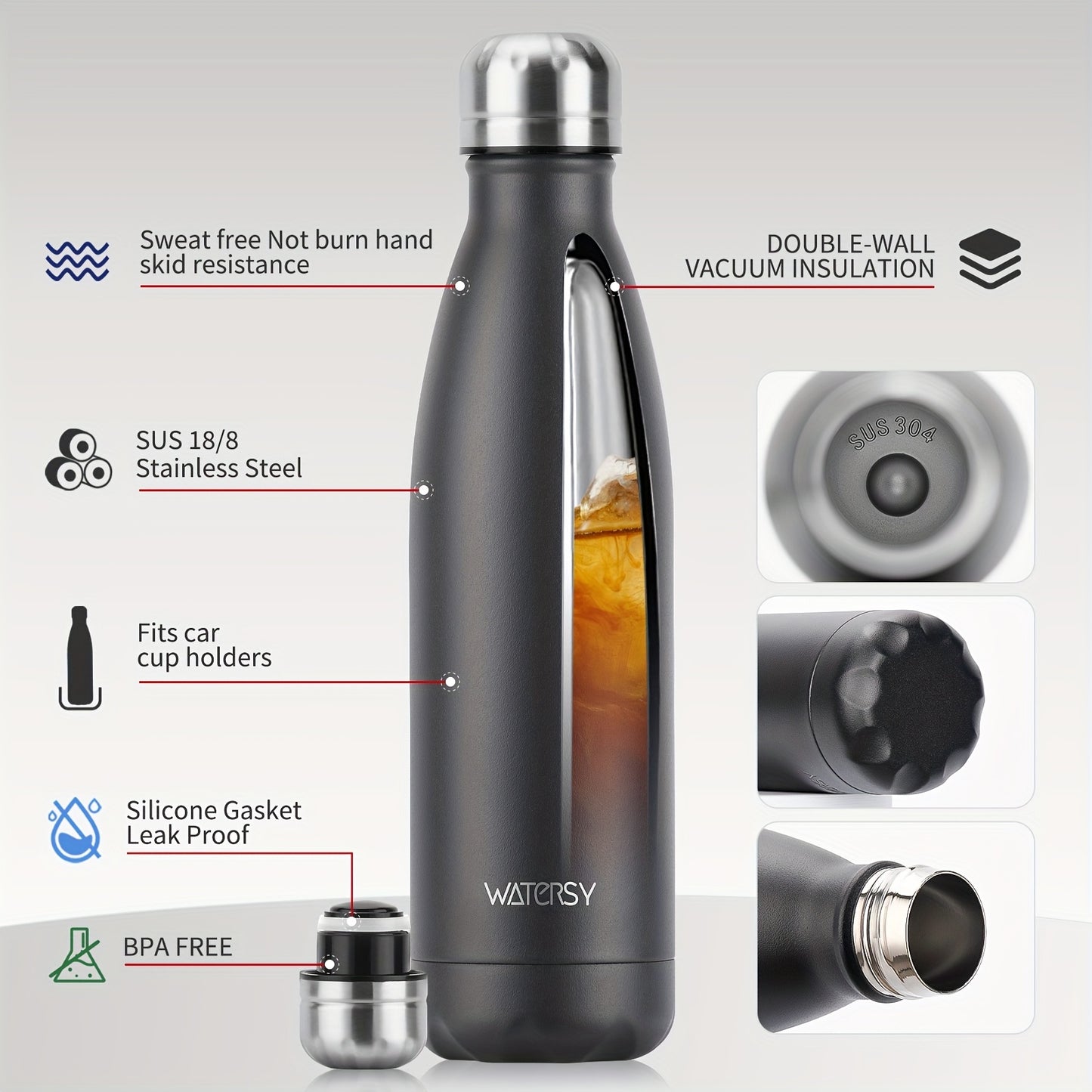 1pc WATERSY 17Oz/500Ml Outdoor Water Bottle 304 Stainless Steel Insulation for Heat Preservation And Cold Preservation with White Card And Silver Hot Stamping Box 2 Sealing Rings