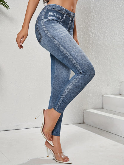 【imitation denim】New Women'S Fashion Casual Trendy Comfortable Breathable High-Waisted Stretchy Blue Faux Denim-Like Printed Leggings for Daily Commuting, Enhancing The Hips And Waist, Women'S Base Layer Pants, Fitted Leg