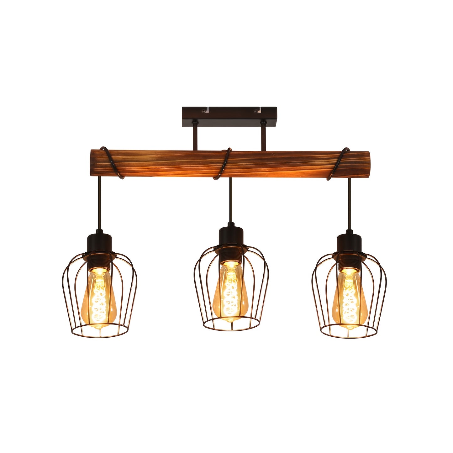 3 Bulbs Wooden Living Room Lamp Black - Socket: E27 - Vintage Ceiling Lamp, Height Adjustable Spotlight Made Of Metal And Wood (Without Bulb)