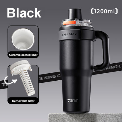 800ml/1200ml Large Capacity Ceramic Coating Liner Stainless Steel Cup Vacuum Keep Warm Cold Mug Cup with Straw Lid Handle for Coffee Coke Carbonated Beverages Ice Leakproof for School Office Outdoor Yoga sports, Travel Coffee