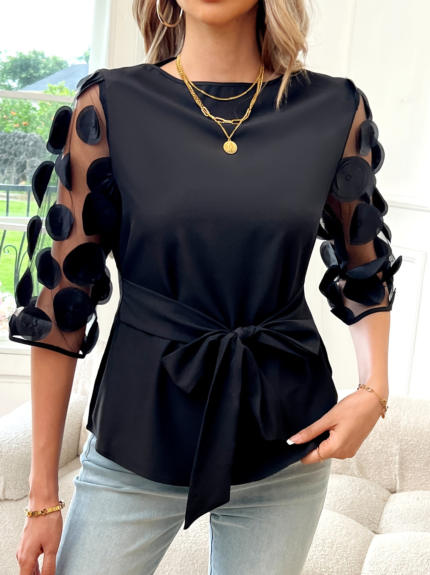Elegant Off-Shoulder Blouse with Sheer Mesh Panel &amp; Tie-Waist Detail - Chic Solid Color, Half-Sleeve Design, Machine Washable - Perfect for Stylish Outfits