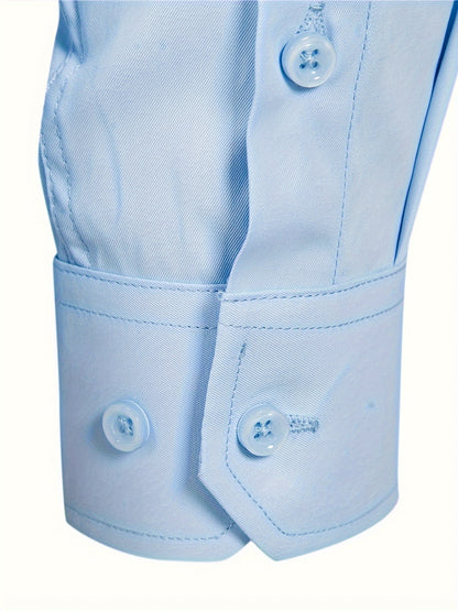 Camisola de homem de manga comprida com corte slim - 55% algodão, 40% poliéster, 5% elastano, cor lisa, para todas as estações, tecido plano, fecho com botões, gola de lapela, ideal para o fim de semana, 125 g/m²