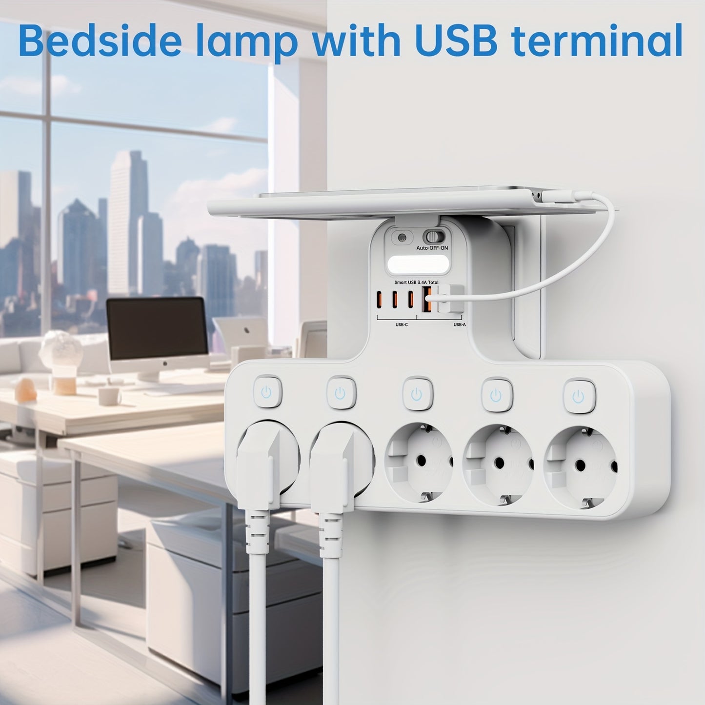 11-in-1 5 Independent Switch Power Socket EU Standard Plug Wall Socket 6 USB (3 Type-C) Solve Your Power Not Enough Trouble Independent Control Smart Sensor Night Light Can Install Mobile Phone Baffle Bracket