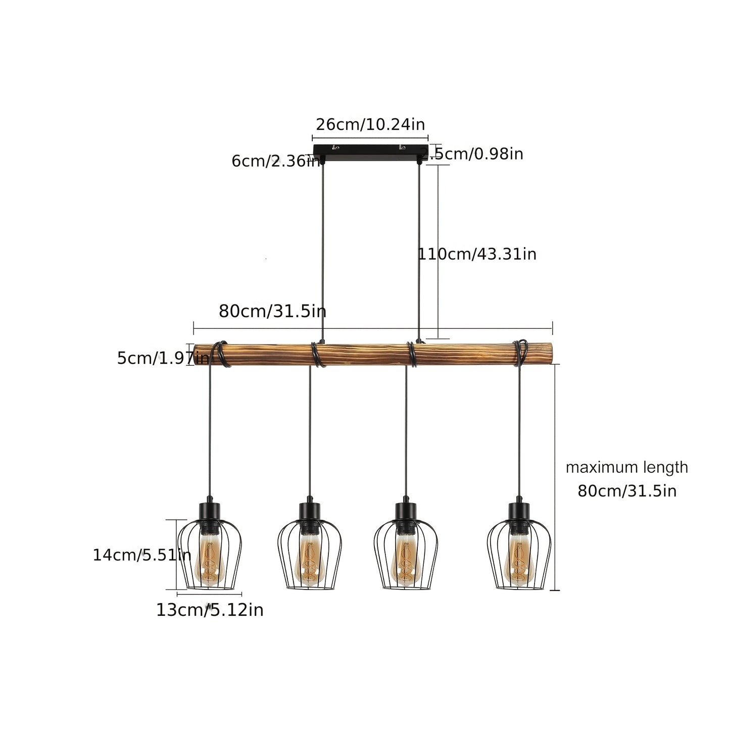 3 Bulbs Wooden Living Room Lamp Black - Socket: E27 - Vintage Ceiling Lamp, Height Adjustable Spotlight Made Of Metal And Wood (Without Bulb)