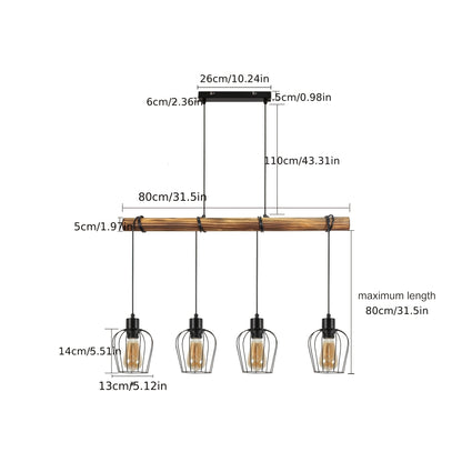 3 Bulbs Wooden Living Room Lamp Black - Socket: E27 - Vintage Ceiling Lamp, Height Adjustable Spotlight Made Of Metal And Wood (Without Bulb)