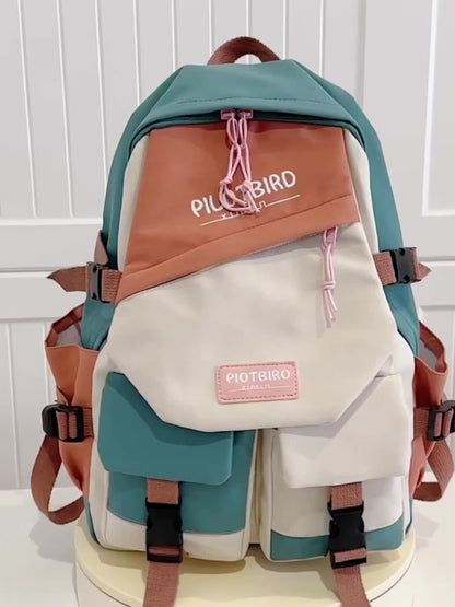 Aesthetic Color Contrast Travel Backpack, Large Capacity Flap Schoolbag, Japanese Preppy Style Bookbag For Students Back To School