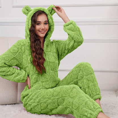 Women's Plush Fleece Hooded Jumpsuit - Cozy Mid-Length Zip-Up Romper with Heart Pattern, Harem Pants & Machine Washable for Autumn/Winter Clothing, Winter Apparel, Playful Bear Design, Soft Texture Apparel