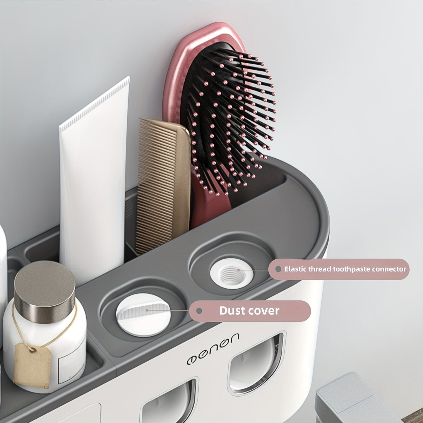 No Drill Adhesive Wall-Mounted Modern White Bathroom Organizer Set with 2-in-1 Magnetic Toothpaste Dispenser & Multi-Tier Storage Shelf - Space-Saving Over Sink Organizer with Suction Cup Hooks, Durable Plastic Construction f