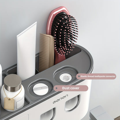 No Drill Adhesive Wall-Mounted Modern White Bathroom Organizer Set with 2-in-1 Magnetic Toothpaste Dispenser & Multi-Tier Storage Shelf - Space-Saving Over Sink Organizer with Suction Cup Hooks, Durable Plastic Construction f