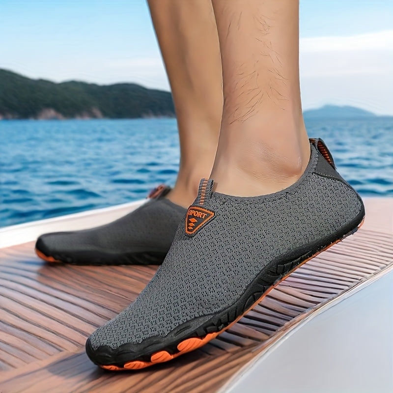Quick-Dry Five-Toe Water Shoes for Men - Breathable, Non-Slip, Lightweight, Mesh Upper, Rubber Sole - Ideal for Beach, Swim, Hiking & Outdoor Adventures - Black & Orange Design