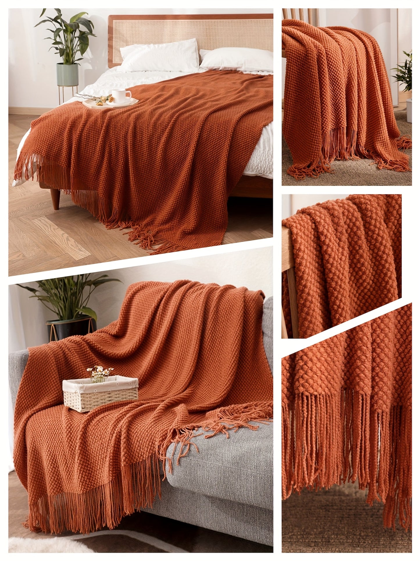 1pc Throw Blanket with Tassels, Bubble Textured Lightweight Throw Blanket for Couch Bed Sofa Home Decor
