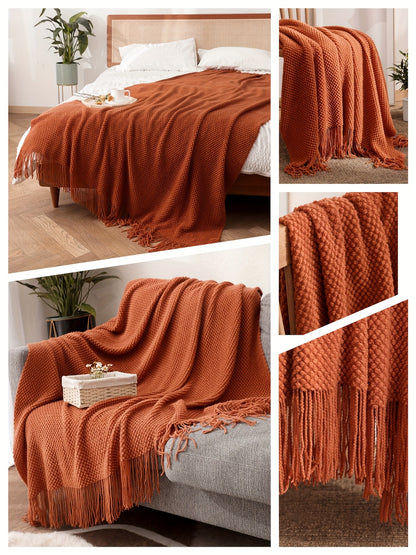 1pc Throw Blanket with Tassels, Bubble Textured Lightweight Throw Blanket for Couch Bed Sofa Home Decor