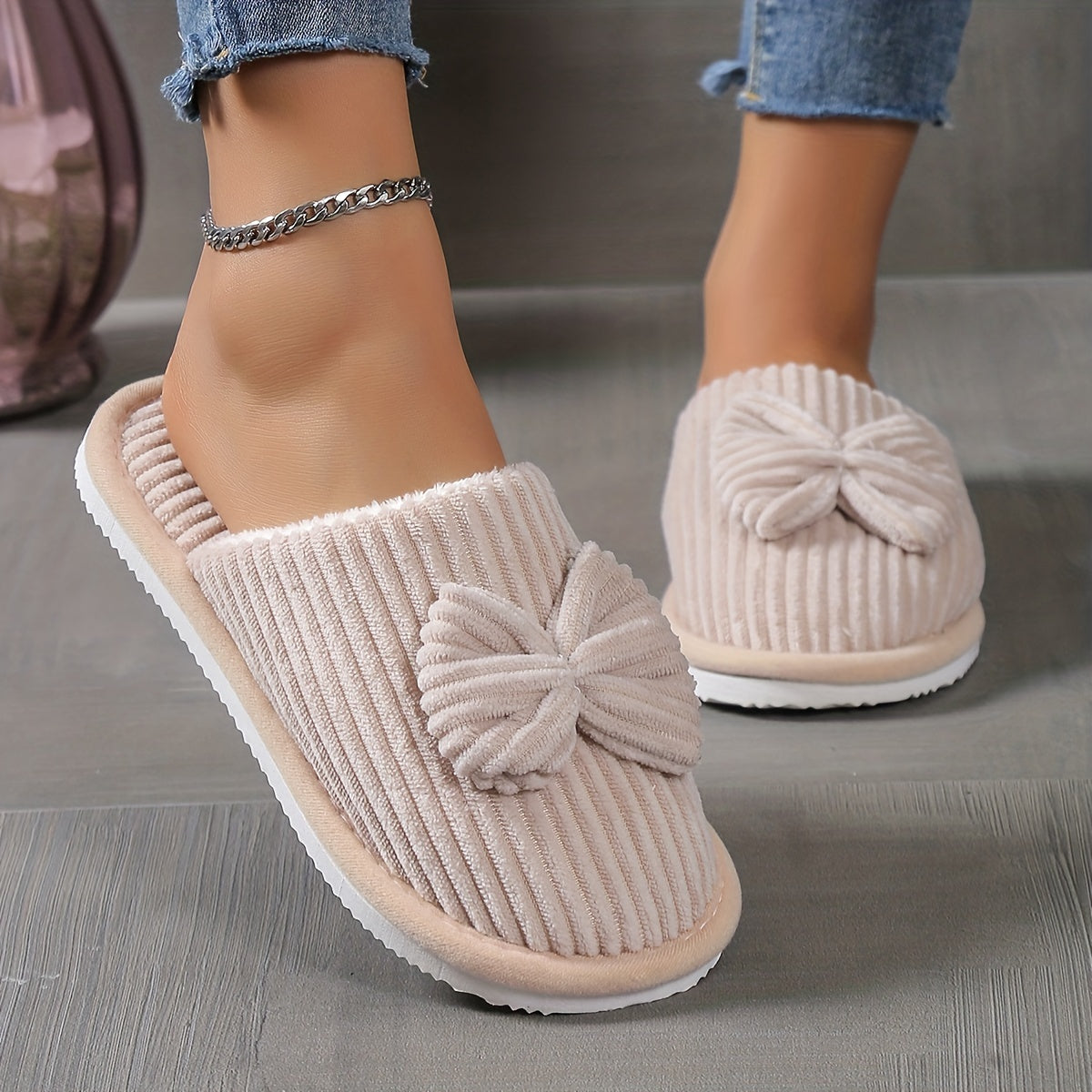 Cute Bowknot Soft Sole Fuzzy Slippers, Winter Cozy &amp; Warm Slip On Plush Shoes, Comfy Closed Toe Home Slippers