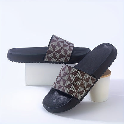 Men's Summer Slide Sandals - Non-Slip Soft Sole Casual Slippers with Geometric Pattern, Black & Gray, Comfortable for Indoor & Outdoor Use