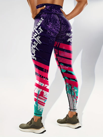 Women's Fashion Color Block Splash Print Yoga Pants, Striped Print Breathable Stretchy Butt Lifting Yoga Workout Running Sports Leggings, Women's Activewear