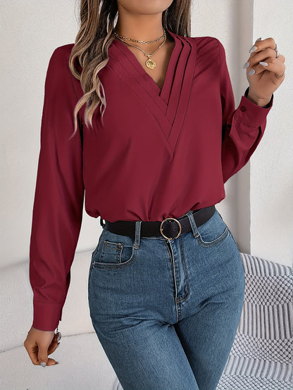 Women'S Elegant V-Neck Long Sleeve Shirt, Solid Color Polyester Blouse with Triple V-Cut, 95% Polyester 5% Elastane, Woven Fabric, 120g/m², for Spring/Summer/Fall - Adult