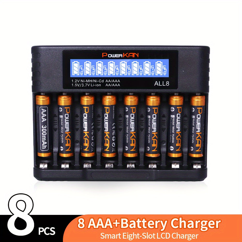Set (battery + charger), PowerKAN 1.2V NiMH rechargeable AA & AAA Battery + ALL8 charger, high quality battery rechargeable discharge cycle, 800mAh AAx8 & 300mAh AAAx8 combination, with 5V 2A USB fast charging LCD charger