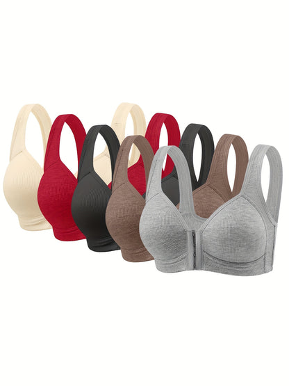 5pcs Set, Front Closure Vertical Stripe Push-Up Wireless Bra, Seamless Bra, Strapless Bras for Women Full Support, White Sports Bras for Women, Bras for Women Front Closure, Sports Bras for Women Quick Dry, Activewear Essenti