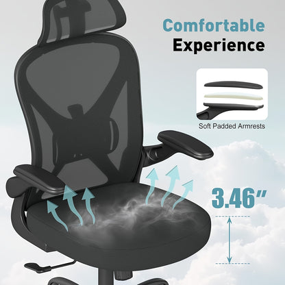 Ergonomic Office Chair with Adjustable Headrest &amp; Lumbar Support, Height-Adjustable Computer Desk Chair with Flip-Up Armrests, 360° Swivel, Breathable Mesh Backrest &amp; Seat, Durable Plastic Frame - Black for Home &amp; Office Use