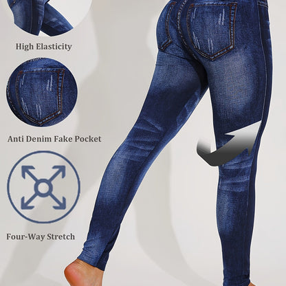 【imitation denim】Autumn And Winter Directional Style, Fashionable And Elegant Women'S Faux Denim Printed Leggings, Casual Fake Faux Denim Skinny Pants, Perfect for The, Three-Quarter Length, High Elasticity, Breathable So