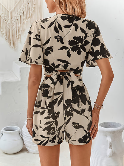 Elegant Floral Print Crop Two-piece, Short Sleeve V Neck Blouse &amp; Elastic Waist Shorts Outfits, Women's Clothing