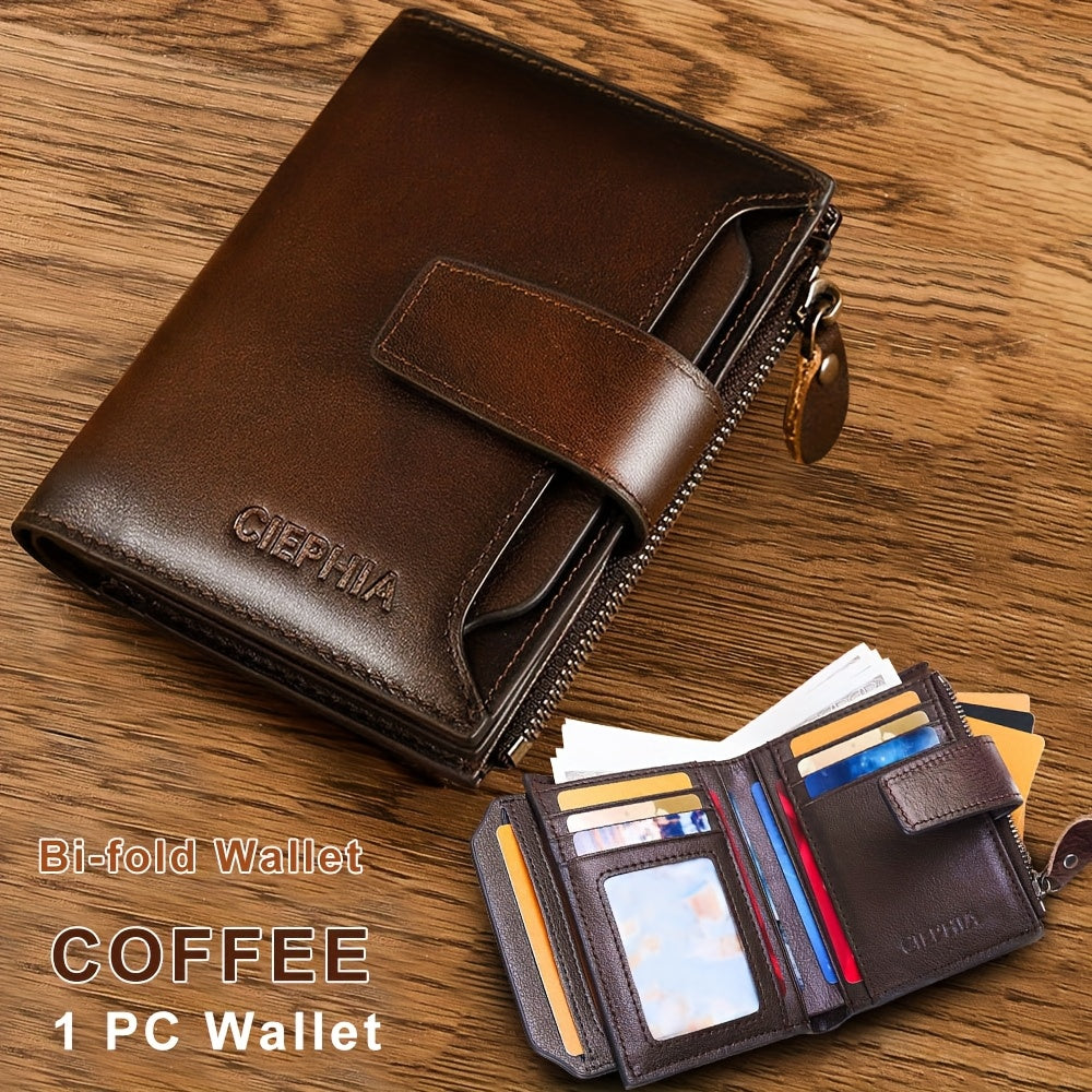 1pc CIEPHIA Men's Genuine Leather Wallet - RFID Blocking -Theft, Vintage Brown (Dark tan/, with Zipper Closure, 17-Card Holder, Coin Pocket, ID Window, Multi-Compartment - Heavy-Duty Full-Feature Wallet for Men, Ideal Gift fo