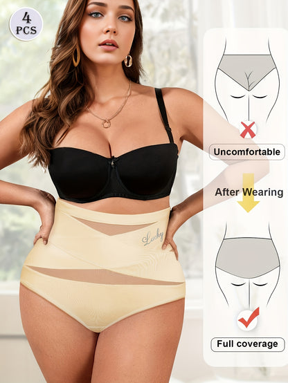 4pcs Plus Size High-Waist Tummy Control Women's Panties, Breathable Mesh Seamless Cross Detail Shapewear Briefs