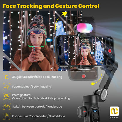 AOCHUAN SmartX Pro Combo 1 - Wireless Phone Gimbal Stabilizer with RGB Light, Extended Rod, and Carrying Case for YouTube & TikTok Video Creation (15 Pro Max Compatible), YouTube Video Stabilizer | Modern Gimbal Design | Comp