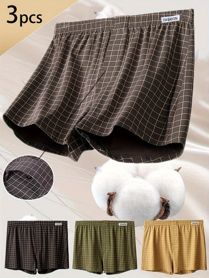 3pcs Men'S Loose Fit Plaid Boxer Briefs - 95% Mid-Rise Athletic Shorts with Elastic Waistband, Breathable &amp; Comfortable for Casual Attire, Black/White/Beige/White/Gray/Beige, Everyday Comfort Shorts | Relaxed Fit Shorts | Med