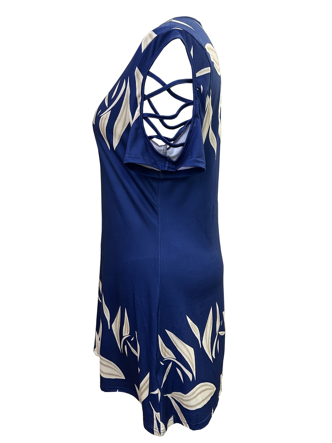 Plus Size Casual Dress, Women's Plus Leaf Print Ring Decor Cut Out Sleeve Round Neck High Stretch Keyhole Front Dress