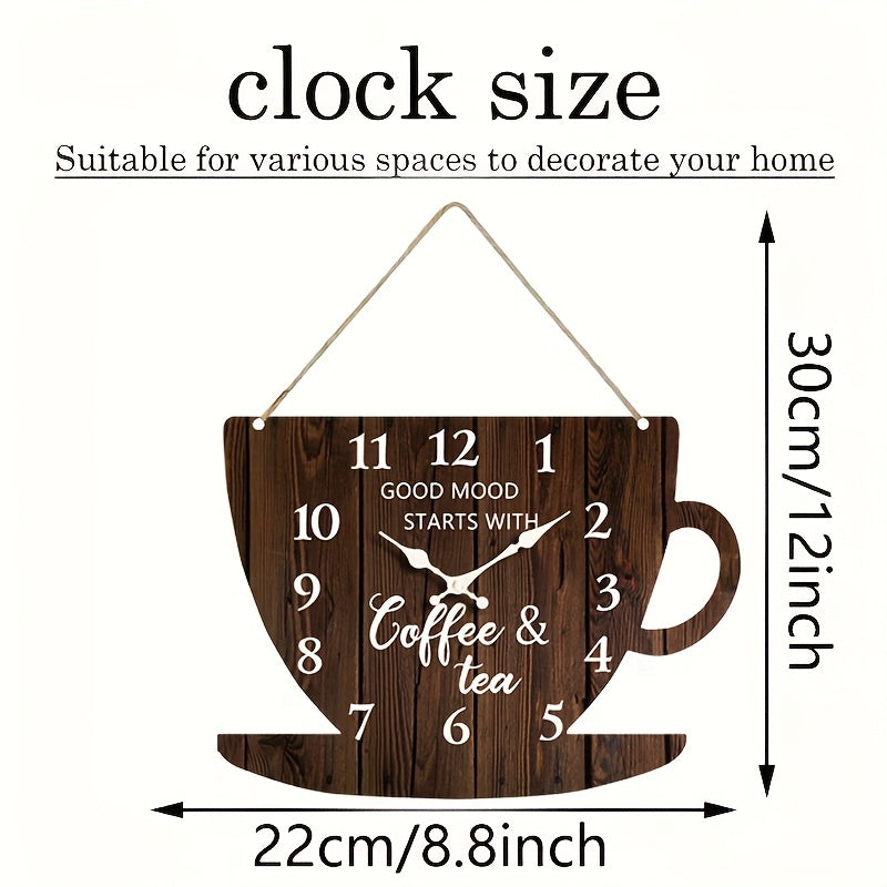 1pc Unique Clock, Coffee Cup Shaped Creative Wall Clock with Arabic Numerals Design in Dark Wood Tone, Silent Quartz Wooden Timepiece for Bedroom, Living Room, Office, Kitchen & Bathroom - Battery Operated (Batteries Not Incl