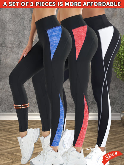 3-Pack Women's High-Waisted Yoga Pants - Tummy Control Butt-Lifting Workout Leggings, Breathable Stretchy Fitness Pants with Color-Block Design for Gym Running Training, Spring Summer Fall Essentials, Seasonal Activewear, Con